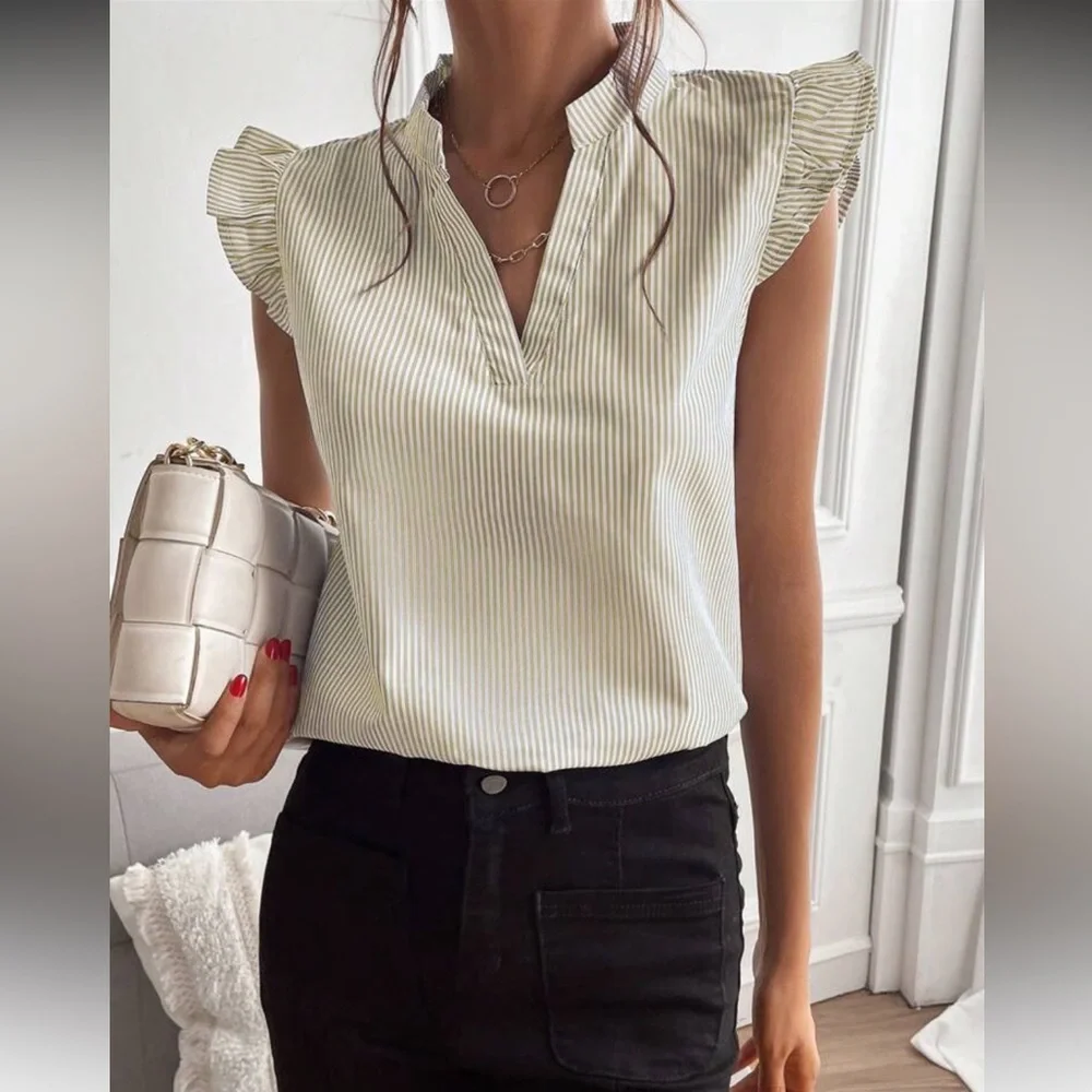 Khaki Striped Notched Neck Ruffle Sleeve Top